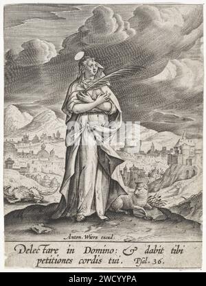 Paesaggio con St Margaretha van Antioch, Antonie Wierix (II), 1565 - prima del 1604 stampa la Santa Margherita di Antiochia si erge su una collina, le sue braccia incrociate davanti al petto. C'è un agnello ai suoi piedi. In fondo a sinistra il drago. Sullo sfondo un volto su una città. A margine una citazione bidirezionale della Bibbia da PS. 36 in latino. Carta di Anversa che incide la vergine martire Margherita di Antiochia; possibili attributi: Croce, corona, drago (sotto i piedi o a catena), (cappelletto di) perle Foto Stock
