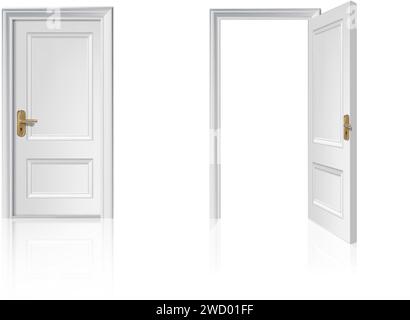 illustrazione dell'icona vettoriale realistica 3d. Porta d'ingresso in legno bianco chiusa e aperta. Isolato. Illustrazione Vettoriale