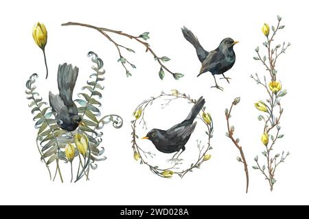 Set primaverile di illustrazioni ad acquerello. Composizioni floreali, corna e uccelli. Elementi per carte e confezioni. Foto Stock