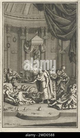 Aesculapio infermieri malati in un tempio, Jacob Folkema, 1702 - 1767 stampa l'acclamato Aesculapio, Dio della salute e della Medicina, curato con il suo staff in mano i malati che giacciono sui materassi in un tempio. Sinistra e destra di lui, i servi si prendono cura anche delle cifre abbattute dalla malattia. Acquaforte di carta guarigione di Aesculapius Foto Stock