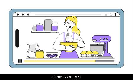 Video lezione di cucina vettoriale lineare Illustrazione Vettoriale