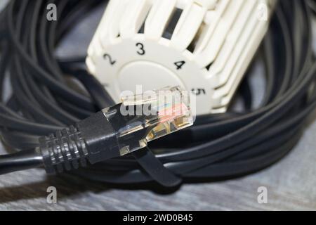 Termostato del radiatore e spina di rete, immagine simbolica per Smart Home Foto Stock