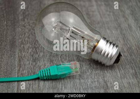 Spina di rete e lampadina, immagine simbolica per la casa intelligente Foto Stock