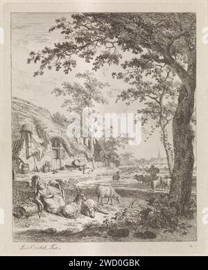 Herderin con pecore di fronte a una fattoria, Leendert Overbeek, 1791 stampa Haarlem cartaceo, pastore, pastore, pastore, pastorella, cowhere, ecc.. Foto Stock