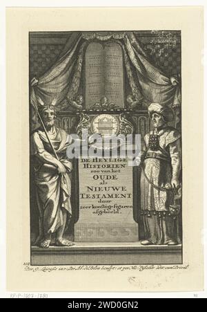 Allegoria sul vecchio e nuovo Testamento con Mosè e Aronne, Abraham de Blois, dopo Gerard de Lairesse, 1651 - 1679 stampa Allegoria sul vecchio e nuovo Testamento con la glorificazione delle tabelle della legge e dell'Arca dell'Alleanza su un piedistallo. Mosè e Aaron come sommo sacerdote sono da entrambe le parti. Incisione di carta di Amsterdam Mosè (non in contesto biblico); possibili attributi: Raggi di luce o corna sulla sua testa, asta, tabelle della legge. Aaron (non in contesto biblico); possibili attributi: Attributi di Aaron: Censer, vestito come sommo sacerdote o vescovo, unguento barattolo, verga o bacchetta da fiore. Conf Foto Stock