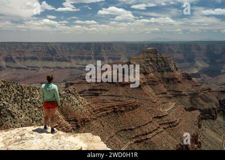 La donna si trova sul bordo e guarda il versante nord del Grand Canyon in estate Foto Stock