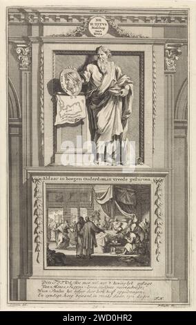 H. Titus, Jan Luyken, dopo Jan Goeree, stampa del 1698, San Tito tiene un ritratto del re di Creta basato su una mappa di quest'isola. Titus si trova su un piedistallo dove il suo letto di morte è stato ritratto sul davanti. Stampa al centro, contrassegnata da: II Share fol: 91. Incisione/incisione di santi maschi su carta di Amsterdam (con NOME). letto di morte Foto Stock