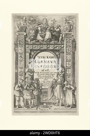 Stampa del titolo per Germania inferiore, Pieter van der Keere, stampa del 1622 Stampa del titolo per Germania inferiore con un arco trionfale al centro, affiancato da due donne. La donna a destra tiene una scopa e un segno con il "rapporto" nelle mani e la donna a sinistra ha un ramo di palma e un ramo di ulivo. L'arco è decorato con le armi delle 'diciassette province'. Sull'arco c'è una donna riccamente vestita su un leone. È circondata da attributi che rappresentano la prosperità delle province, come lo staff di mercurio, una barca e l'Armillarium sulle sue gremite. Mercury e' proprio accanto a lei e a ne Foto Stock