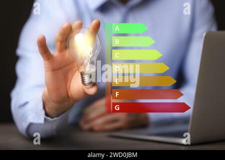 Classe di efficienza energetica e uomo che tiene una lampadina a incandescenza al tavolo, primo piano Foto Stock