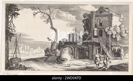 Due Valkeniers in una torre usata come locanda, Jan van de Velde (II), 1639 - 1641 stampare due falconeri in una torre, usato come locanda, in un paesaggio fluviale. Quinta stampa di una serie con 36 stampe di paesaggi, distribuite su sei parti. Fiume per l'incisione della carta nei Paesi Bassi settentrionali. paesaggio con torre o castello. hotel, ostello, locanda. sport, giochi  animali (+ caccia con falco, falco; falconeria) Foto Stock