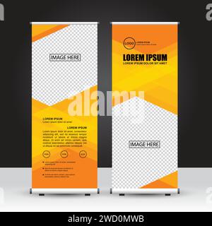 Tema di colore arancione e giallo modello di banner roll-up, design di banner in piedi, pubblicità, volantino e display. Progettazione vettoriale. Illustrazione Vettoriale