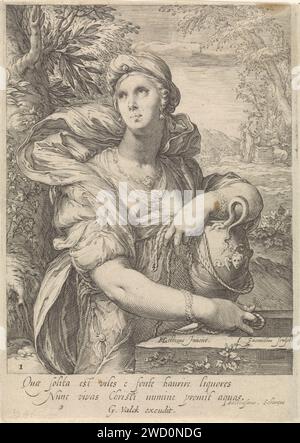 La donna samaritana, Jan Saenredam, dopo Hendrick Goltzius, 1661 - 1726 stampa la donna samaritana al pozzo, una brocca d'acqua in mano. Sullo sfondo l'incontro tra Cristo e la donna samaritana alla fonte. La stampa ha una didascalia latina ed è parte di una serie di stampa con donne famose della tipografia del nuovo Testamento: Northern Netherlandspublisher: Amsterdam paper Engraving the Woman of Samaria (Giovanni 4:4-42). Cristo e la donna di Samaria: Seduto al pozzo di Giacobbe le chiede un drink dalla sua brocca Foto Stock