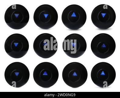 Magic Eight Ball con previsioni diverse isolate su bianco, Collection Foto Stock