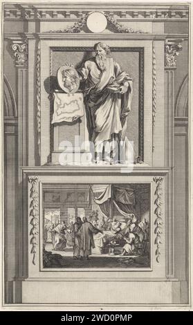 H. Titus, Jan Luyken, dopo Jan Goeree, stampa del 1698, San Tito tiene un ritratto del re di Creta basato su una mappa di quest'isola. Titus si trova su un piedistallo dove il suo letto di morte è stato ritratto sul davanti. Incisione/incisione di santi maschi su carta di Amsterdam (con NOME). letto di morte Foto Stock