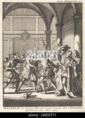 Attacco fallito al principe Guglielmo i di Oranje ad Anversa, 1582, Jan Luyken, 1698 stampa in alto a destra segnata: Terza divisione fol. 286. Amsterdam paper etching Violent Death by deheading Antwerp Foto Stock