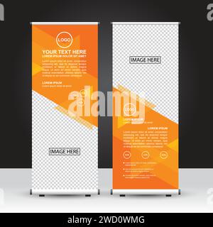 Combinazione di colore arancione con tema triangolare modello banner roll-up, design banner in piedi, pubblicità, volantino ed espositore. Progettazione vettoriale. Illustrazione Vettoriale