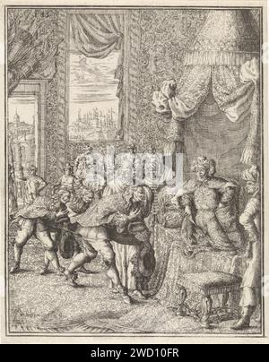 Vasco da Gama in udienza al Re di Calcutta, Herman Padtbrugge, 1676 stampa Vasco da Gama e il suo entourage piega per il re di Calcutta. Il re è disteso su un trono sotto un baldacchino. Sullo sfondo faccia a Calcutta. Incisione/incisione di persone storiche su carta di Amsterdam. Audizione; sovrano che dà al pubblico il Portogallo. Kolkata Foto Stock