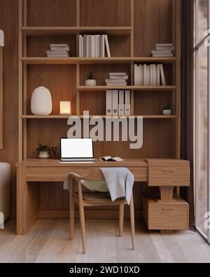 Design interno di un moderno e lussuoso ufficio privato o ufficio domestico con un computer portatile mockup su una scrivania in legno con scaffale incorporato. rendering 3d, 3d il Foto Stock