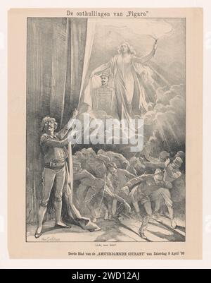 Cartoni animati sulla denouement del Dreyfusaffaire, Petrus van Geldorp, stampa del 1899 la stampa probabilmente si riferisce alla notizia confusa del giornale francese De Figaro sul caso Dreyfus. L'ufficiale ebreo-francese Alfred Dreyfus (1859-1935) fu accusato nel 1894 di spionaggio per l'Impero tedesco e condannato erroneamente. Già nel 1896 è stato annunciato che Ferdinand Walsin Esterhazy (1847-1923) era l'effettivo colpevole. Qui viene presentato da una donna con una torcia e un rappresentante del giornale. Fino ad allora, l'esercito francese aveva cercato di mantenere la relazione ferma e voleva Dreyfus Foto Stock