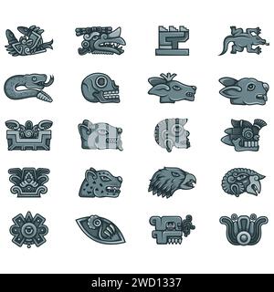 Disegno vettoriale dei simboli dell'antica civiltà azteca, geroglifici del calendario azteco Illustrazione Vettoriale
