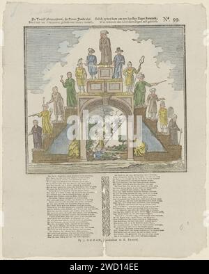 I dodici patriarchi, i figli che Jacobs vede / uno qui è messo in scale con i loro nomi, / link erano per lui la sua ultima benedizione, / sapendo che Dio comanda la benedizione lui stesso, Johan Noman, 1806 - 1830 fogli stampati con una grande rappresentazione di una scala con tredici gradini. Giacobbe e i suoi dodici figli, i patriarchi, sono sui gradini. Nell'arco sotto le scale una rappresentazione di Jacobs sogna. Sotto l'immagine una nuova in due colonne. Numerato in alto a destra: N. 99. Editore: Zaltbommelprint Maker: Netherlands paper letterpress Printing the Dream of Jacob: While Sleeping on the Groun Foto Stock