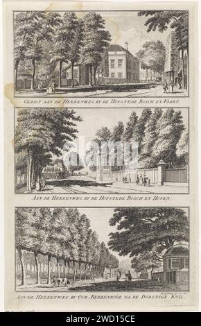 Tre facce intorno ad Haarlem B, Hendrik Spilman, 1763 stampano tre immagini su un piatto. Haarlem paper etching Lane, vicolo. Trees Haarlem. Hofstede Bosch en Vaart. Hofstede Bosch e Hoven Foto Stock