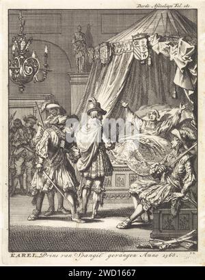 Collezione di Don Carlos, Infante van Spain, 1568, Jan Luyken, 1698 stampa in alto a destra contrassegnata: Terza divisione fol. 181. Amsterdam paper etching Arrest (of Criminal) Foto Stock