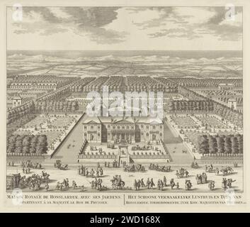 Palazzo Honselaarsdijk a Vogelvlucht, Daniël Stopendaal, 1682 - 1726 stampa Vista del Palazzo Honselaarsdijk con i giardini e le terre in poche parole. Una carrozza con quattro cavalli sul piazzale. Carote in primo piano, una sedia berlina, camminatori eleganti, cavalieri, mendicanti e mercanti. Carta di Amsterdam che incide la vista a volo d'uccello  rappresentazione dell'edificio. palazzo Honselaarsdijk Foto Stock