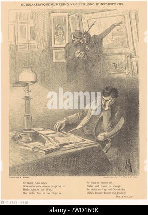 Vigilia di Capodanno che muta un giovane art-Kritikus, Jan van Essen, 1888 stampa Un uomo seduto a un tavolo da lettura. La sua testa si appoggia sulla sua mano. Sullo sfondo due uomini che vedono i dipinti insieme. Uno di loro prende appunti su un foglio di carta. Sotto l'intero testo del poeta azero Mirza Schaffy. carta critica e discute di arte, critica d'arte. Contemplazione Foto Stock