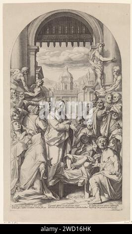 Cristo suscita il figlio della vedova di Nain, Jacob Matham, dopo Federico Zuccaro, 1694 - 1715 stampa Cristo con il figlio della vedova di Nain, che fu propagato su un bar. Cristo lo riporta in vita. Gli astanti sembrano pieni di meraviglia. L'incisione di carta di Amsterdam Cristo tocca il bier del figlio della vedova di Nain: Il giovane si siede. Il figlio della vedova di Nain è portato fuori dalla città su una bier (Luca 7,11-17) Foto Stock