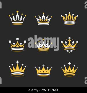 Illustrazioni del set vettoriale della corona dei maestosi re di lusso. Identità professionale del marchio Gold King Crown. Illustrazione Vettoriale