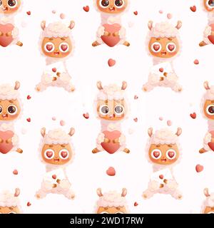 Motivo senza cuciture con alpaca Llama amata su sfondo bianco con cuori e lettera d'amore. Romantico scenario di san valentino in stile cartoni animati. Illu. Vettore Illustrazione Vettoriale