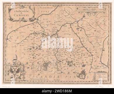 Mappa dell'Arcidiocesi Kamerijk, Anonimo, 1631 - 1649 Stampa Mappa dell'Arcidiocesi Kamerijk. In alto a destra due bastoncini di scala. In alto a sinistra il cartiglio del titolo. In basso a sinistra l'arma dell'Arcidiocesi di Kamerijk. In basso a destra una spiegazione delle abbreviazioni sulla mappa. La scheda è dotata di una distribuzione a gradi lungo i bordi. Carte per incisione/incisione, atlanti Cambrai. Cambrai Foto Stock