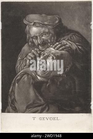 The Feeling, Pieter Schenk (i), dopo Petrus Staverenus, 1670 - 1713 stampa The Sense Feeling. Un uomo taglia una roccia dalla testa di un altro uomo. La stampa fa parte di una serie con i cinque sensi. sensazione di carta (uno dei cinque sensi). Operazione in pietra, ad esempio: Dalla strega di Malleghem Foto Stock