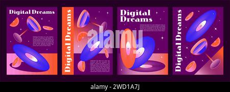 Set di poster elettronici y2k per feste musicali. Illustrazione vettoriale realistica di volantini da discoteca, striscioni da concerto con bicchieri da cocktail, vassoi in vinile, stelle scintillanti su sfondo viola, arte in stile retrò Illustrazione Vettoriale