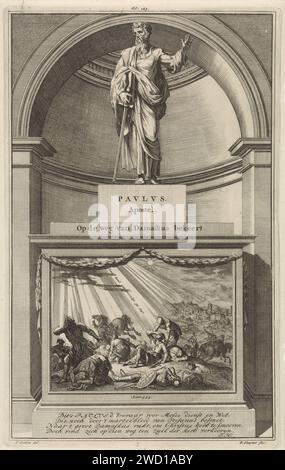 Apostolo Paulus, Jan Luyken, in onore di Jan Goeree, 1698 stampa l'apostolo Paulus con una spada in mano. Paolo è in piedi su un piedistallo dove la sua conversione è stata ritratta sul fronte durante il viaggio a Damasco. Stampa al centro di esso contrassegnata da: Fol: 189. Carta di Amsterdam incisione / incisione dell'apostolo Paolo di Tarso; possibili attributi: Libro, rotolo, spada. Sulla strada per Damasco Cristo appare a Saul, che cade dal suo cavallo ed è accecato dalla luce Foto Stock