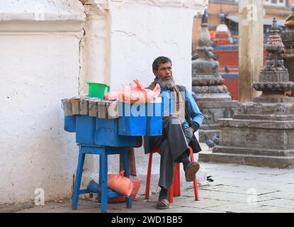 Kathmandu, Nepal - 22 novembre 2023: Il venditore del mercato vende il miglio di uccelli per strada. Foto Stock