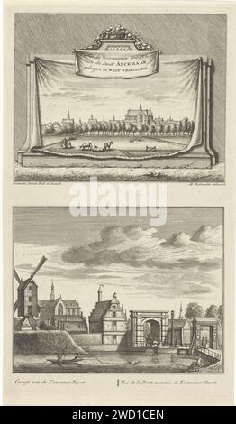 Due facce su Alkmaar con il Grote Kerk, Leonard Schenk, dopo Abraham Rademaker, stampa del 1746 sulla stampa superiore un prato con mucche e altri bovini. A sinistra una donna con un giogo di legno con due secchi. Un bambino cammina accanto a lei. Alkmaar con la Grote Kerk sulla destra è in lontananza. Sulla stampa inferiore c'è un mulino di legno lungo un canale. A destra, Kennemerpoort e a sinistra dietro Grote Kerk. Sotto lo spettacolo il titolo in olandese e francese. Print Maker: Amsterdam chart Drawing by: Northern Netherlands Publisher: Amsterdam paper etching City-view, and landscape with man-made construct Foto Stock