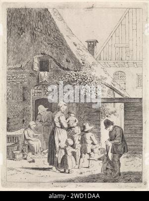 Farmers and Children at Farm, Johannes Christiaan Janson, c. 1778 - c. 1823 Print Farm con un uomo appoggiato a una porta inferiore. Una donna è di fronte alla porta e dà i polli da mangiare. Sul sentiero di fronte alla fattoria una donna con quattro figli, di cui uno tra le braccia. A destra in primo piano un uomo con un bambino sulla Leiband. Con la casa a destra sullo sfondo. La presentazione è più modificata rispetto allo stato precedente. Acquaforte su carta madre e bambino (Ren), donna e bambino (Ren) (gruppo familiare) (con NUMERO di bambini). padre e figlio (ren), uomo e bambino (ren) (gruppo familiare Foto Stock