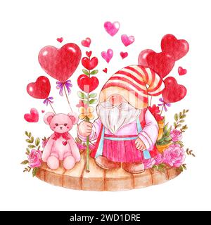 Bambola GNOME e orso rosa . Disegno di pittura ad acquerello . Concetto di San Valentino. Sfondo isolato bianco . Illustrazione . Foto Stock
