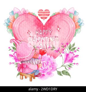 GNOME e grande cuore con rosa rosa. Disegno di pittura ad acquerello . Concetto di San Valentino. Sfondo isolato bianco . Illustrazione . Foto Stock