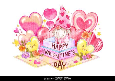 GNOME in confezione regalo con cuore e rosa. Disegno di pittura ad acquerello . Concetto di San Valentino. Sfondo isolato bianco . Illustrazione . Foto Stock