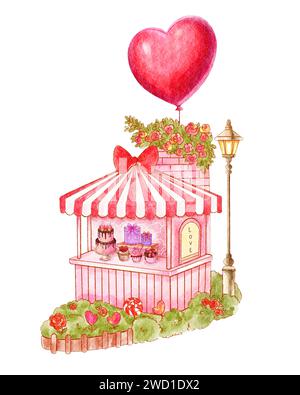 Panetteria. Disegno di pittura ad acquerello . Concetto di San Valentino. Sfondo isolato bianco . Illustrazione . Foto Stock