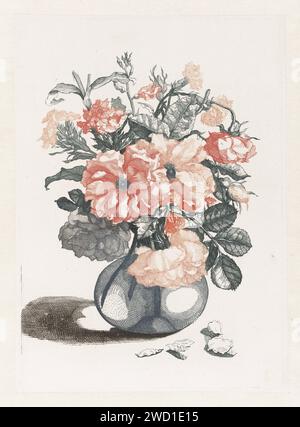 Cinque stampe di fiori in vasi di vetro, anonimo, dopo Jean Baptiste Monnoyer, 1688 - 1698 stampa vaso di vetro con fiori. Qualche petalo vicino al vaso. Incisione/incisione di fiori di carta olandese in un vaso Foto Stock