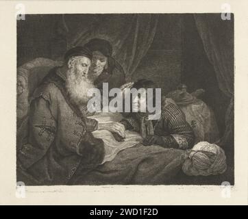 Isaac benedica Jakob, Johannes Pieter de Frey, dopo che Govert Flinck, nel 1798 stampa il vecchio Isaac è a letto e dà la sua benedizione al Giacobbe inginocchiato. Diagonalmente dietro Isaak c'è Rebekka. L'incisione di carta Esaù cerca la benedizione di suo padre; Isaac si rende conto di aver erroneamente benedetto Giacobbe invece di Esaù Foto Stock
