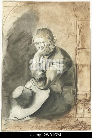 Uomo seduto, Jurriaan Cootwijck, dopo Rembrandt van Rijn, 1724 - 1798 stampa Un uomo è in una nicchia. Sostiene la testa con una mano. Tiene il cappello nell'altra mano. Figura seduta di carta di Amsterdam (+ maschio adulto (essere umano)) Foto Stock