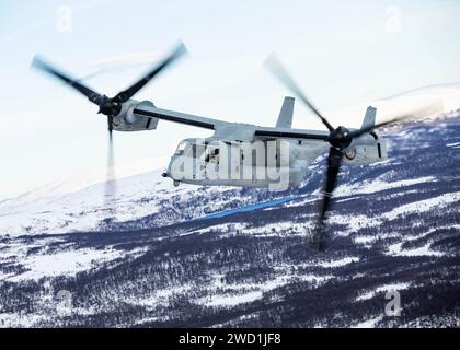 Un MV-22B Osprey del corpo dei Marines degli Stati Uniti conduce operazioni di volo in Norvegia. Foto Stock