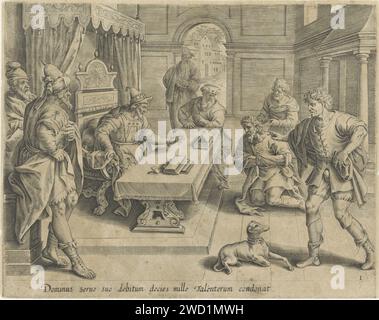 Re Schelda il servo non marchiante i suoi debiti, Anonymous, 1585 stampa Un servo inginocchiato per il suo re e lo implora di essere paziente con lui, in modo che abbia ancora un po' di tempo per pagare la sua colpa di diecimila talenti. Due creditori indicano l'uomo. Il re, seduto dietro un tavolo, ha pietà e lo rimprovera per colpa sua. Sotto la performance un riferimento in latino al testo della Bibbia. Carta di Anversa che incide il servo misericordioso: Il re gli perdona i suoi debiti  parabola di Cristo (Matteo 18:23-35) Foto Stock