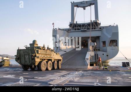 I marinai guidano i veicoli Stryker Infantry Carrier sulla rampa dell'USNS Fisher. Foto Stock