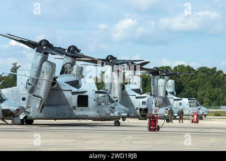 Gli US Marine Corps MV-22B Ospreys si preparano al decollo. Foto Stock